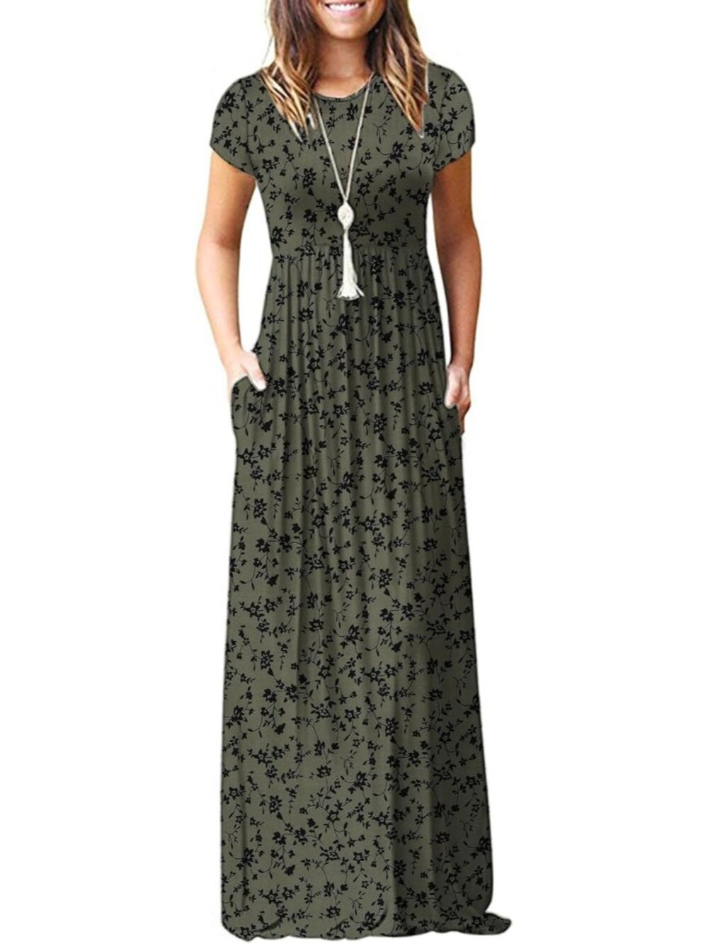 Women's Black Green Short Sleeve Loose Plain Maxi Pockets Casual Long Dresses